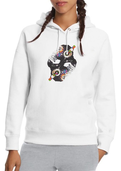 Dj Monkey Baskılı Beyaz Kadın Örme Kapşonlu Sweatshirt Uzun Kol