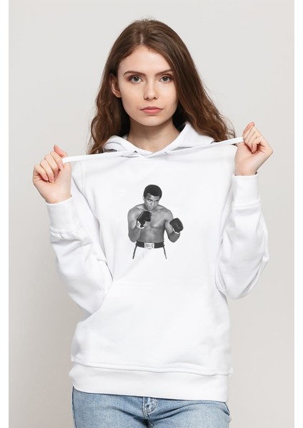 Muhammad Ali Baskılı Beyaz Kadın Örme Kapşonlu Sweatshirt Uzun Kol