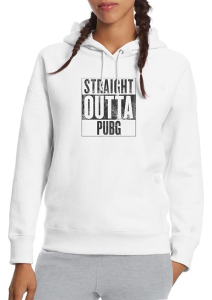 Pubg Straıght Outta Pubg Baskılı Beyaz Kadın Örme Kapşonlu Sweatshirt Uzun Kol