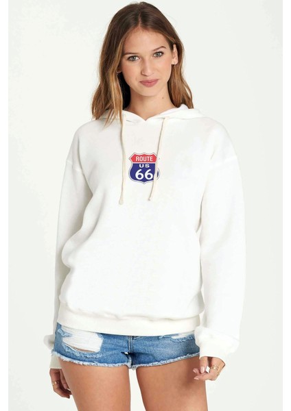 Route 66 Logo Baskılı Beyaz Kadın Örme Kapşonlu Sweatshirt Uzun Kol
