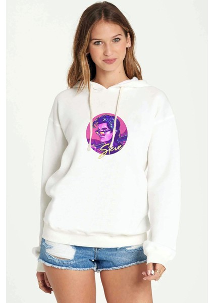 Stranger Things Steve Baskılı Beyaz Kadın Örme Kapşonlu Sweatshirt Uzun Kol