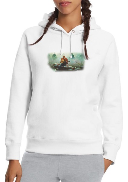 The Last Of Us Part 2 Baskılı Beyaz Kadın Örme Kapşonlu Sweatshirt Uzun Kol