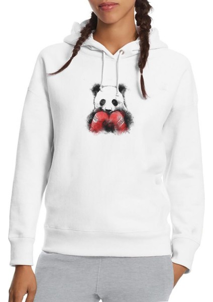 Panda Boks Baskılı Beyaz Kadın Örme Kapşonlu Sweatshirt Uzun Kol