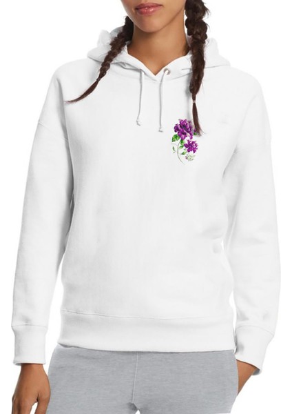 Mor Çiçek Baskılı Beyaz Kadın Örme Kapşonlu Sweatshirt Uzun Kol