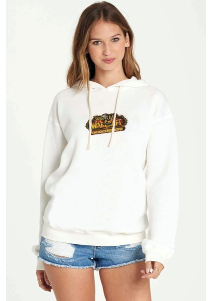 World Of Warcraft Cataclysm Baskılı Beyaz Kadın Örme Kapşonlu Sweatshirt Uzun Kol