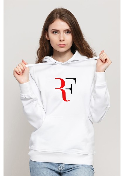 Roger Federer Rf Baskılı Beyaz Kadın Örme Kapşonlu Sweatshirt Uzun Kol