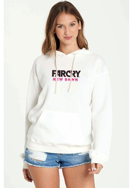 Far Cry New Dawn Logo Baskılı Beyaz Kadın Örme Kapşonlu Sweatshirt Uzun Kol