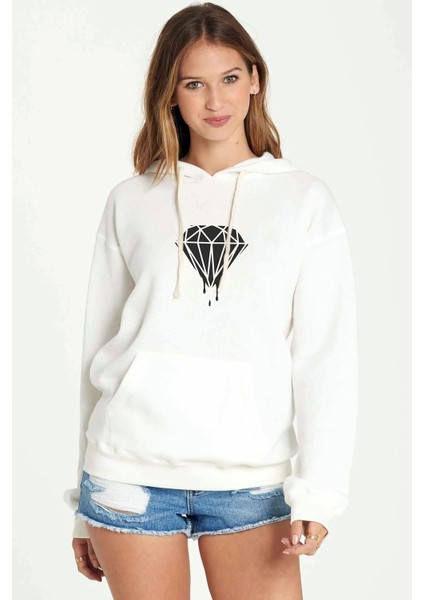 Silhouette Diamond Baskılı Beyaz Kadın Örme Kapşonlu Sweatshirt Uzun Kol