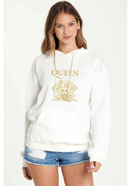 Queen Baskılı Beyaz Kadın Örme Kapşonlu Sweatshirt Uzun Kol