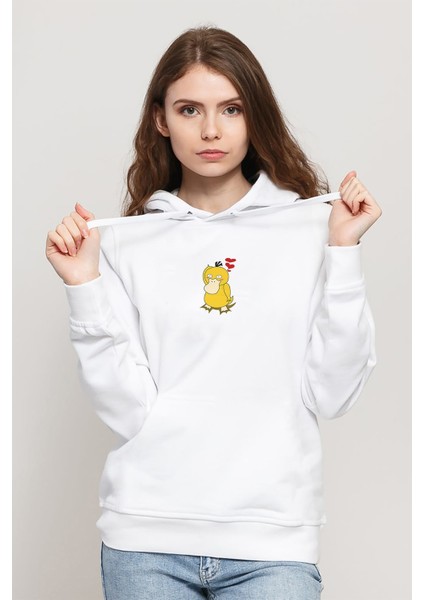 Psyduck Pokemon Saydek Baskılı Beyaz Kadın Örme Kapşonlu Sweatshirt Uzun Kol
