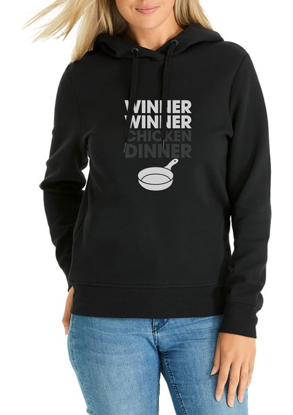 Pubg Wınner Tava Baskılı Siyah Kadın Örme Kapşonlu Sweatshirt Uzun Kol