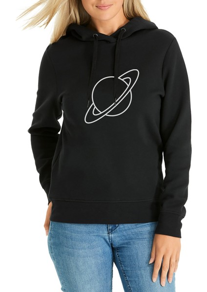 Satürn Logo Baskılı Siyah Kadın Örme Kapşonlu Sweatshirt Uzun Kol
