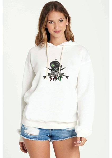 Scool Kurukafa Skereet Baskılı Beyaz Kadın Örme Kapşonlu Sweatshirt Uzun Kol