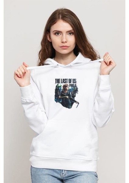The Last Of Us Part 2 Baskılı Beyaz Kadın Örme Kapşonlu Sweatshirt Uzun Kol