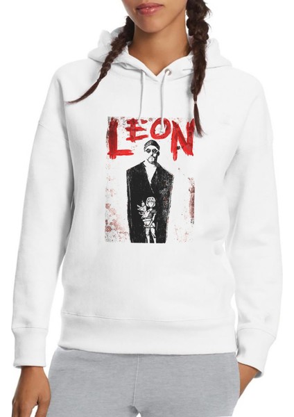 Leon Mathilda Retro Movie Baskılı Beyaz Kadın Örme Kapşonlu Sweatshirt Uzun Kol
