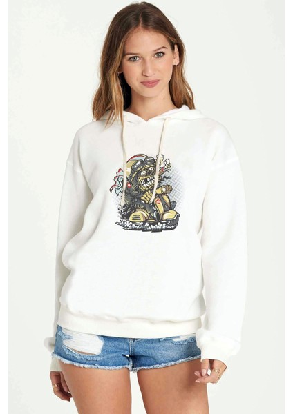Scooter Smoker Baskılı Beyaz Kadın Örme Kapşonlu Sweatshirt Uzun Kol