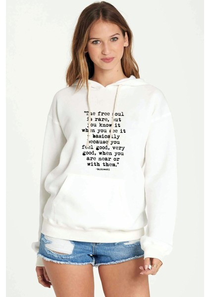Charles Bukowski The Free Soul Is Baskılı Beyaz Kadın Örme Kapşonlu Sweatshirt Uzun Kol