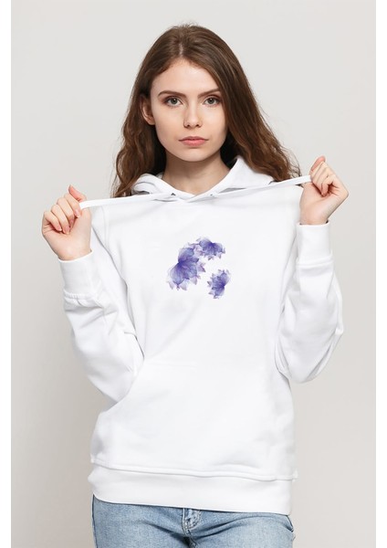 Illustrator Öklid Lavanta Çiçek Kozmetik Mor Baskılı Beyaz Kadın Örme Kapşonlu Sweatshirt Uzun Kol