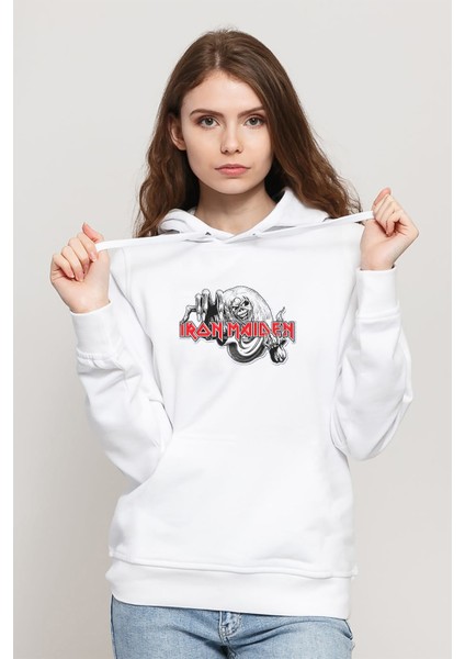 Iron Maıden Number Of The Beast Baskılı Beyaz Kadın Örme Kapşonlu Sweatshirt Uzun Kol