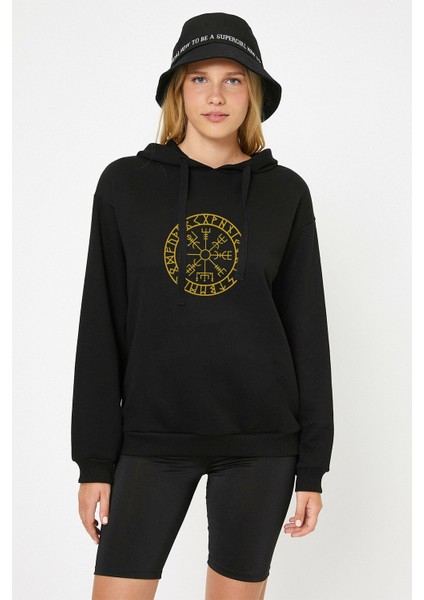 Viking Compass Logo Baskılı Siyah Kadın Örme Kapşonlu Sweatshirt Uzun Kol