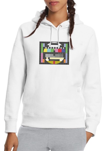 Sinyal Yok Baskılı Beyaz Kadın Örme Kapşonlu Sweatshirt Uzun Kol