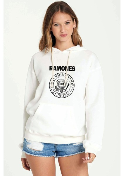 Ramones Baskılı Beyaz Kadın Örme Kapşonlu Sweatshirt Uzun Kol