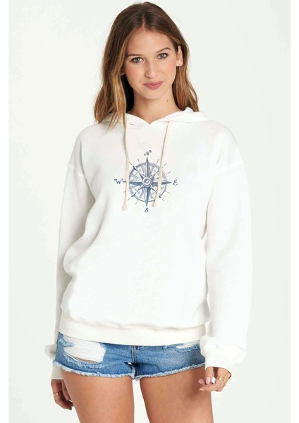 Watercolor Compass Pusula Baskılı Kadın Örme Kapüşonlu Beyaz Sweatshirt Uzun Kol