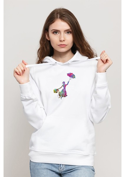 Silhouette Mary Poppins Photographic Baskılı Kadın Örme Kapüşonlu Beyaz Sweatshirt Uzun Kol
