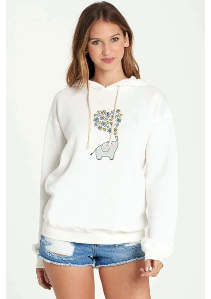 Kawaii Baby Elephants 2 Baskılı Beyaz Kadın Örme Kapşonlu Sweatshirt Uzun Kol