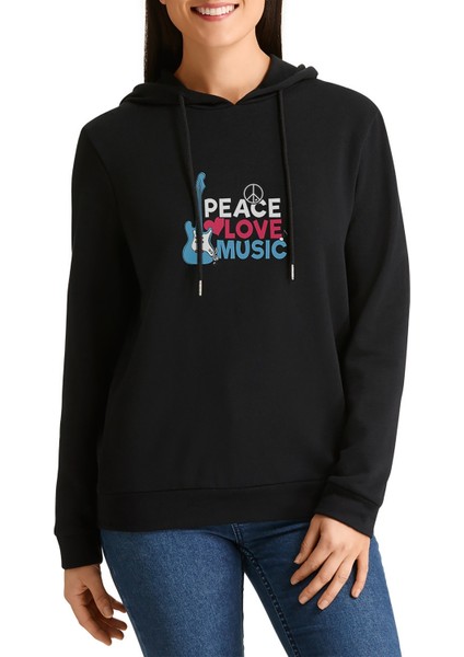 Peace Love Music Baskılı Siyah Kadın Örme Kapşonlu Sweatshirt Uzun Kol