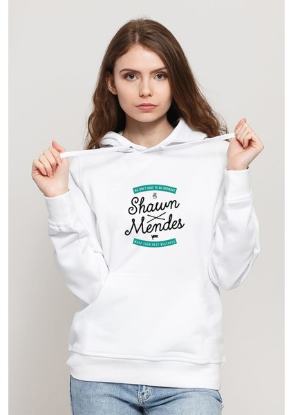 Shawn Mendes Best Mistakes Baskılı Beyaz Kadın Örme Kapşonlu Sweatshirt Uzun Kol
