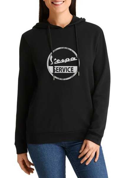 Vespa Service Baskılı Siyah Kadın Örme Kapşonlu Sweatshirt Uzun Kol