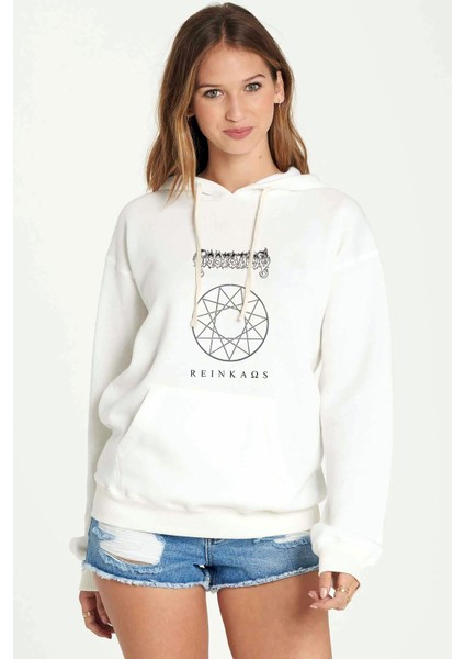 Reinkaos Baskılı Beyaz Kadın Örme Kapşonlu Sweatshirt Uzun Kol