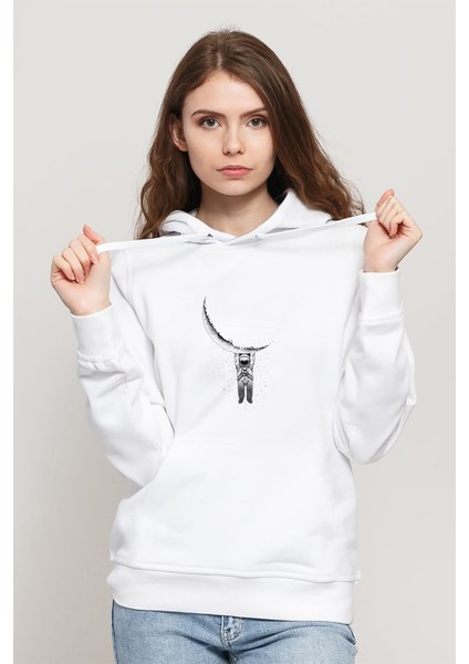 Astronot Aya Asılı Astronot Baskılı Beyaz Kadın Örme Kapşonlu Sweatshirt Uzun Kol