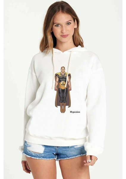 Hyperion Baskılı Beyaz Kadın Örme Kapşonlu Sweatshirt Uzun Kol