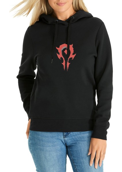 Horde Logo Baskılı Siyah Kadın Örme Kapşonlu Sweatshirt Uzun Kol