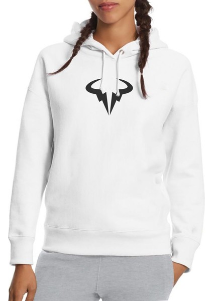Logo Rafa Nadal Academy By Movista Baskılı Beyaz Kadın Örme Kapşonlu Sweatshirt Uzun Kol
