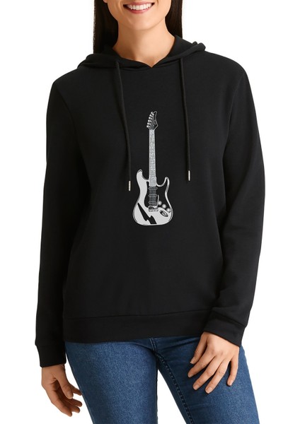 Siyah ve Siyah Elektro Gitar Baskılı Siyah Kadın Örme Kapşonlu Sweatshirt Uzun Kol