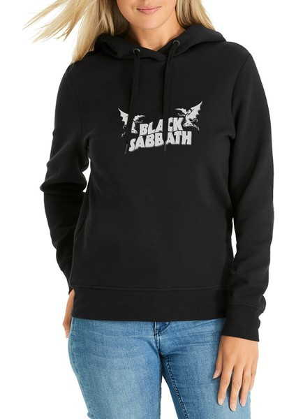 Black Sabbath Logo Baskılı Siyah Kadın Örme Kapşonlu Sweatshirt Uzun Kol