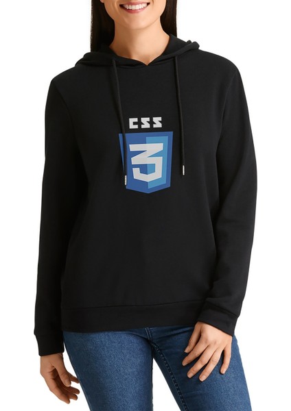Css Baskılı Siyah Kadın Örme Kapşonlu Sweatshirt Uzun Kol