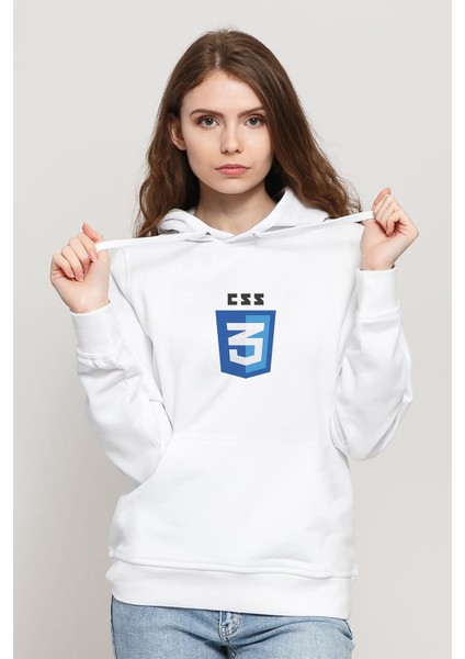 Css Baskılı Beyaz Kadın Örme Kapşonlu Sweatshirt Uzun Kol