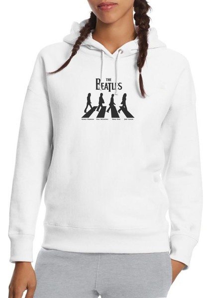 Abbey Road The Beatles Logo Müzik Beatles Baskılı Beyaz Kadın Örme Kapşonlu Sweatshirt Uzun Kol