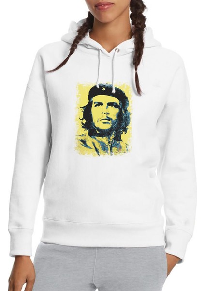 Che Guevara Revolutionary Ernesto Baskılı Beyaz Kadın Örme Kapşonlu Sweatshirt Uzun Kol