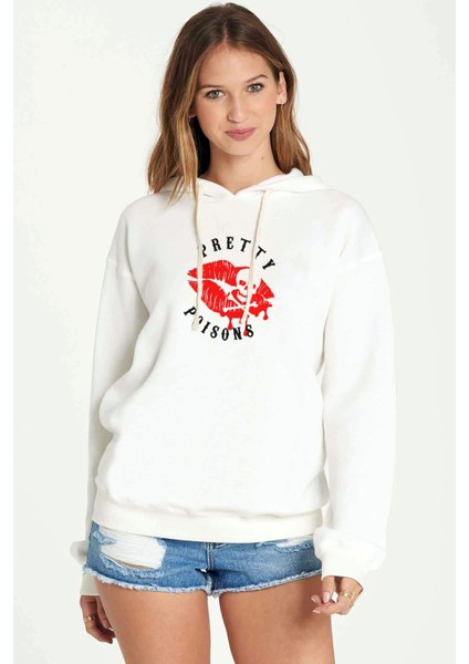Riverdale Pretty Poisons 2 Baskılı Kadın Örme Kapüşonlu Beyaz Sweatshirt Uzun Kol