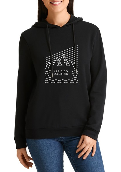 Lets Go Camping Dağ Baskılı Siyah Kadın Örme Kapşonlu Sweatshirt Uzun Kol