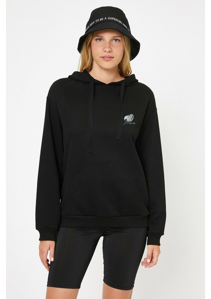 Tail Blue Freez Baskılı Siyah Kadın Örme Kapşonlu Sweatshirt Uzun Kol