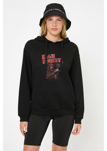 Iron Maiden Ed Force One Canavar Yolda Baskılı Siyah Kadın Örme Kapşonlu Sweatshirt Uzun Kol