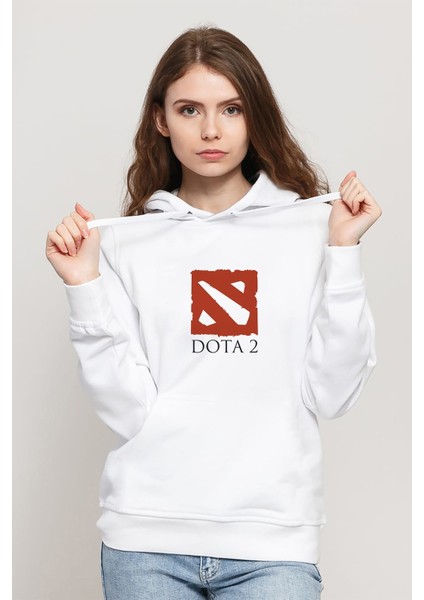 Dota Baskılı Beyaz Kadın Örme Kapşonlu Sweatshirt Uzun Kol