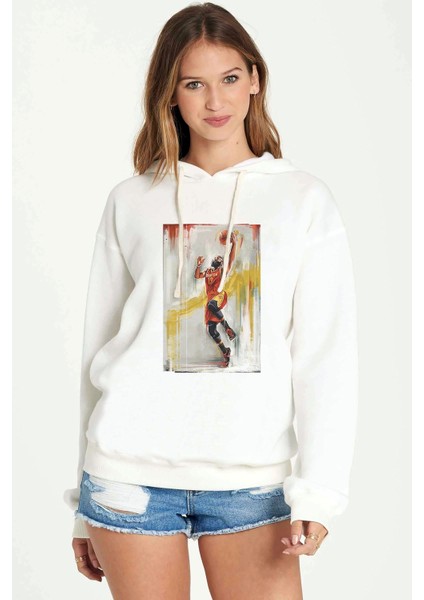 Basketbolcu Spor Baskılı Beyaz Kadın Örme Kapşonlu Sweatshirt Uzun Kol