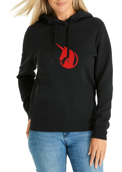 Earth Federation Logo Baskılı Siyah Kadın Örme Kapşonlu Sweatshirt Uzun Kol